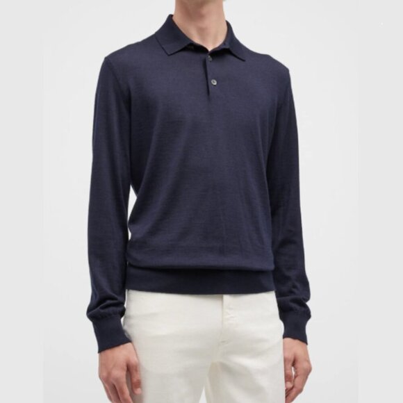 ERMENEGILDO ZEGNA Men's Small Luxe Cashmere Silk Sweater Knit Long Sleeve Polo - Picture 2 of 14